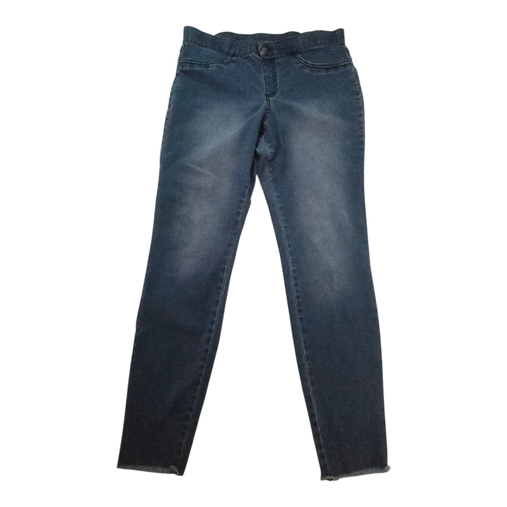 HUE Studio Womens L High Rise Pull On Skinny Jegging Medium Wash Raw Hem Stretch